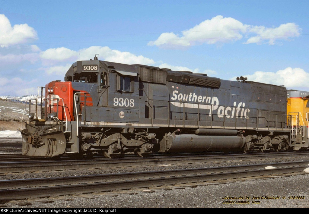 SP, Southern Pacific 9308 SD45-T2, at Soldier Summit, Utah. April 19, 1998. 